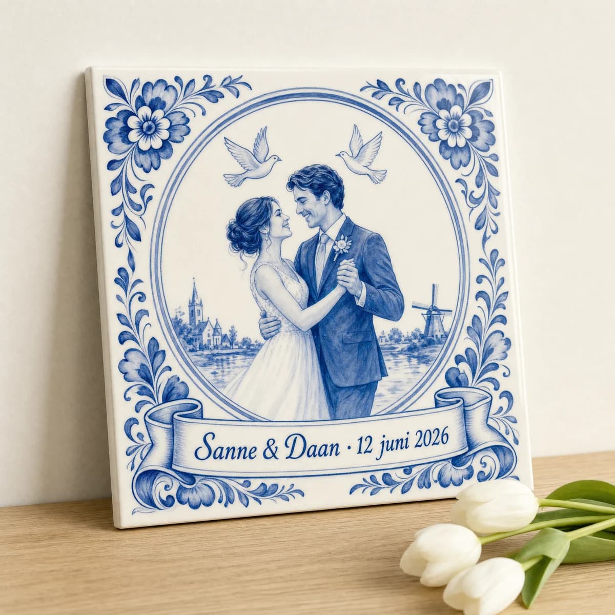 Fototegeltje als cadeau voor trouwcadeau, in een gestileerde scène