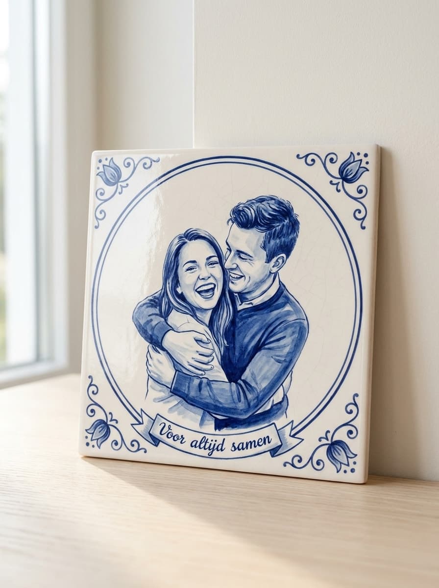 Fototegeltje: jouw foto geschilderd in Delfts blauw op keramiek