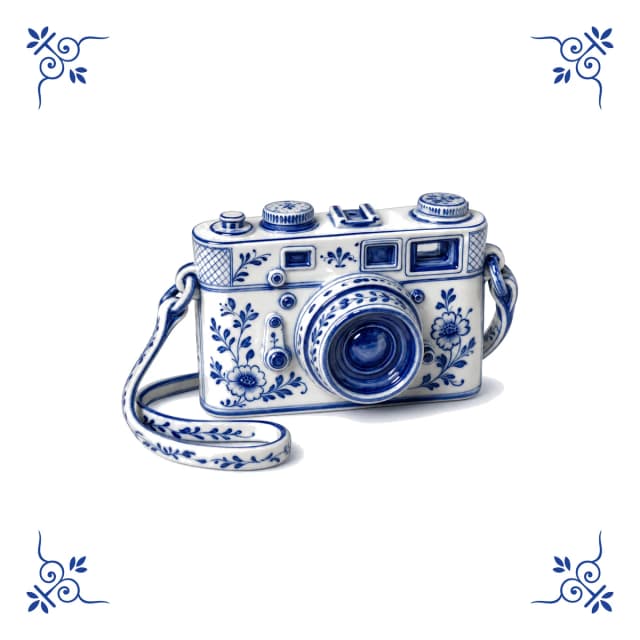 Vintage fotocamera, Delfts blauw tegeltje
