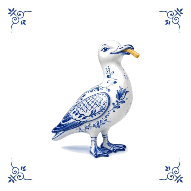 Meeuw met frietje, Delfts blauw tegeltje